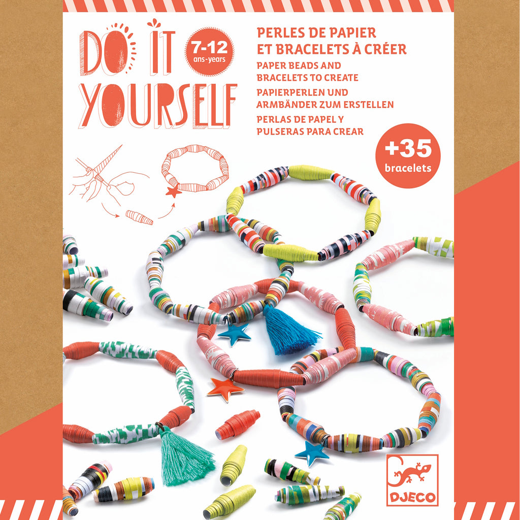 A DIY kit for making vibrant bracelets using rolled paper beads in fun patterns and bright colours.
