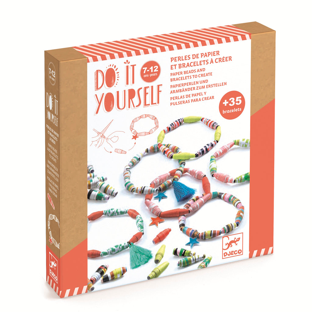 A DIY kit for making vibrant bracelets using rolled paper beads in fun patterns and bright colours.