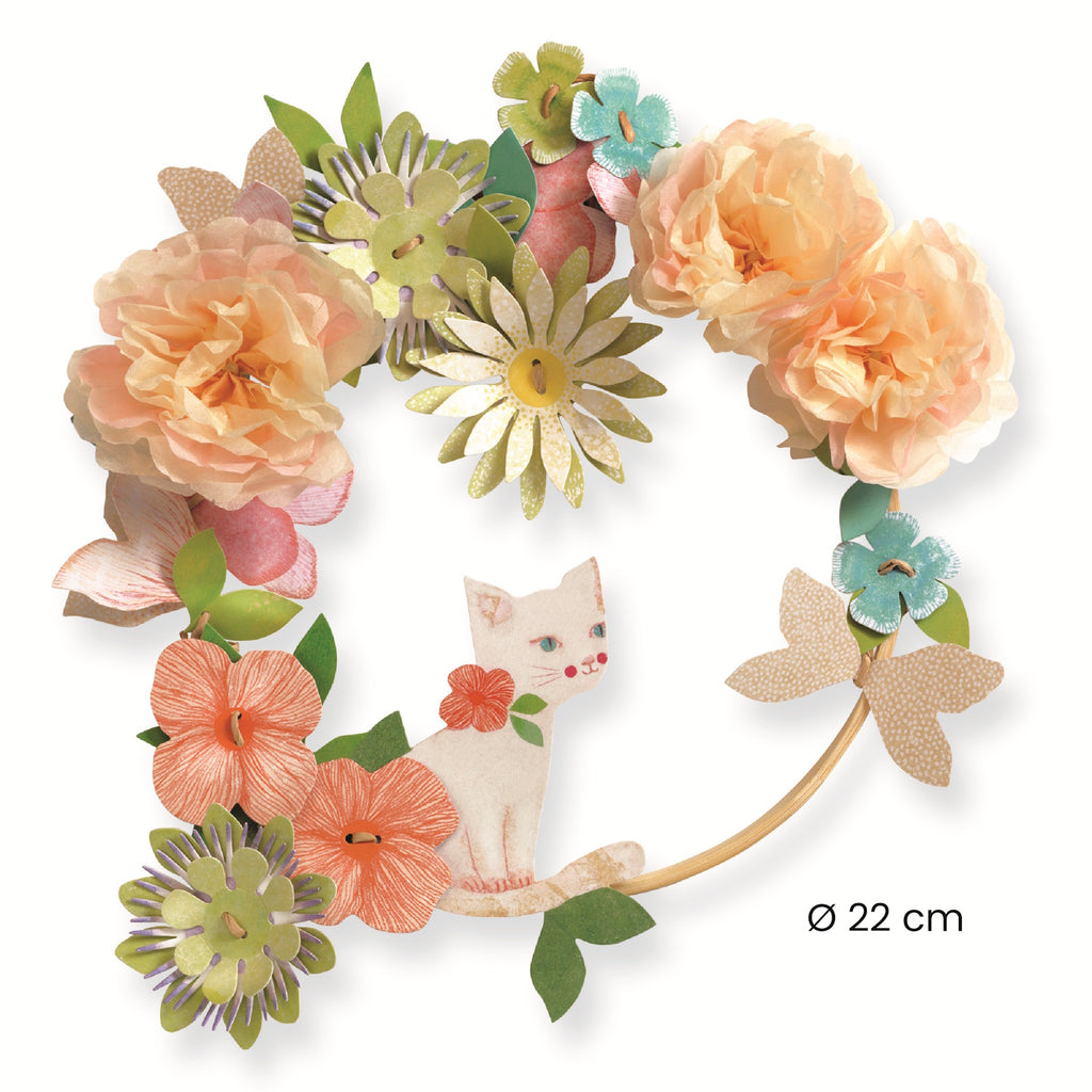 A DIY craft kit with delicate paper flowers and ribbon for children to create a beautiful, wearable floral crown.