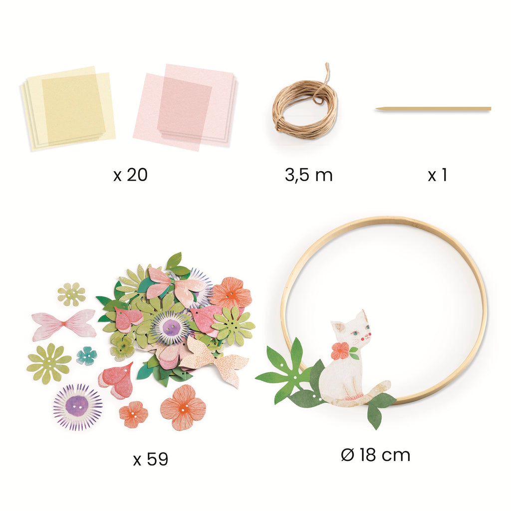 A DIY craft kit with delicate paper flowers and ribbon for children to create a beautiful, wearable floral crown.
