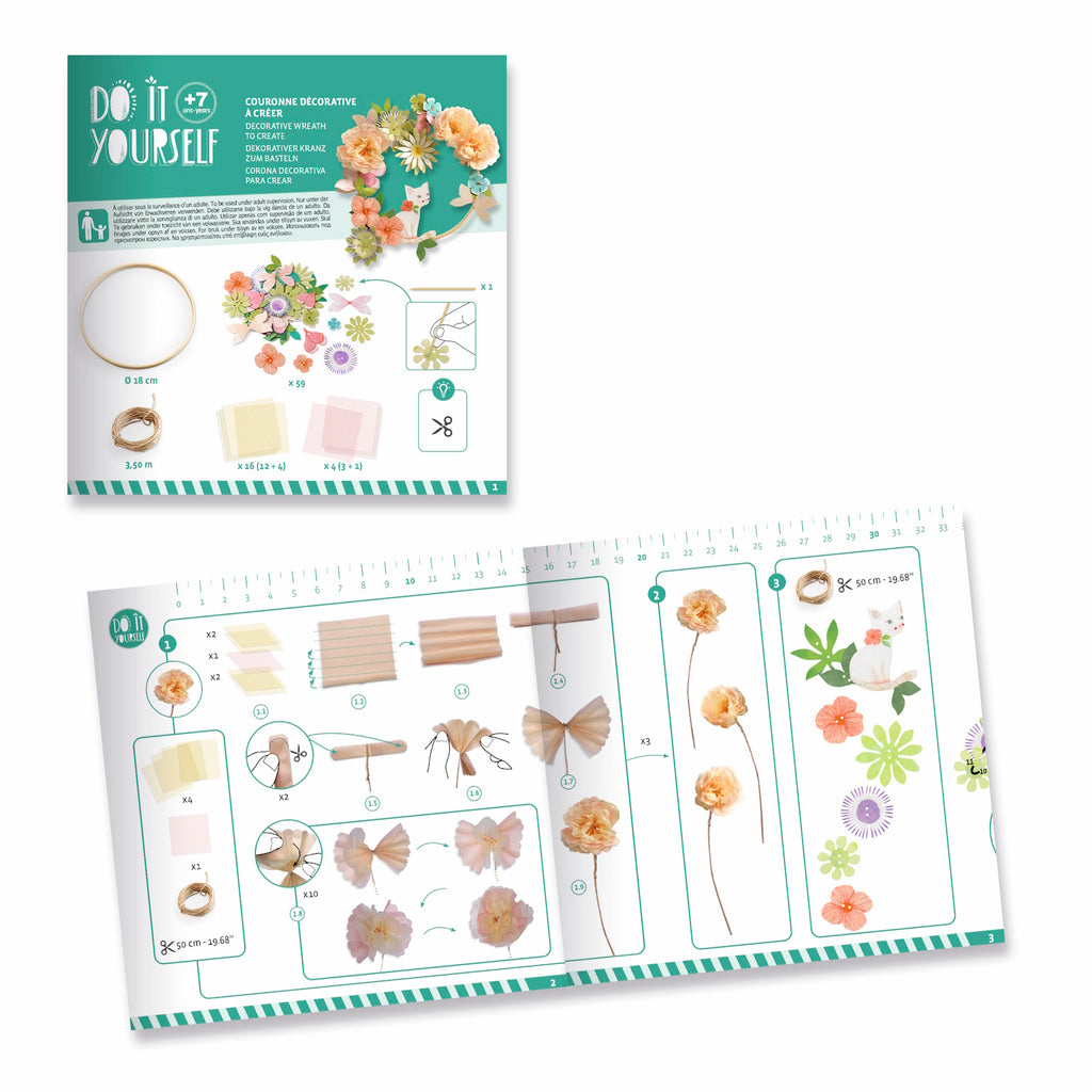 A DIY craft kit with delicate paper flowers and ribbon for children to create a beautiful, wearable floral crown.