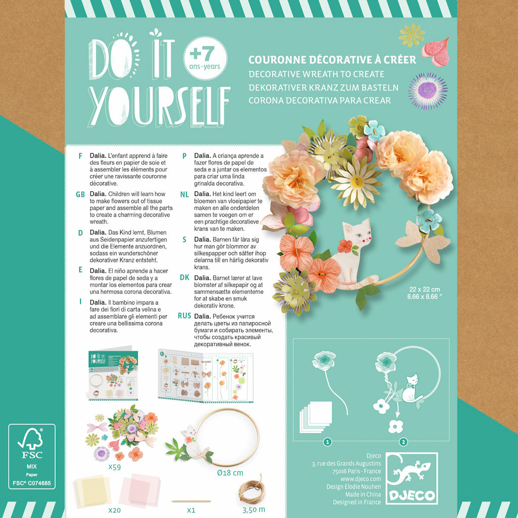 A DIY craft kit with delicate paper flowers and ribbon for children to create a beautiful, wearable floral crown.