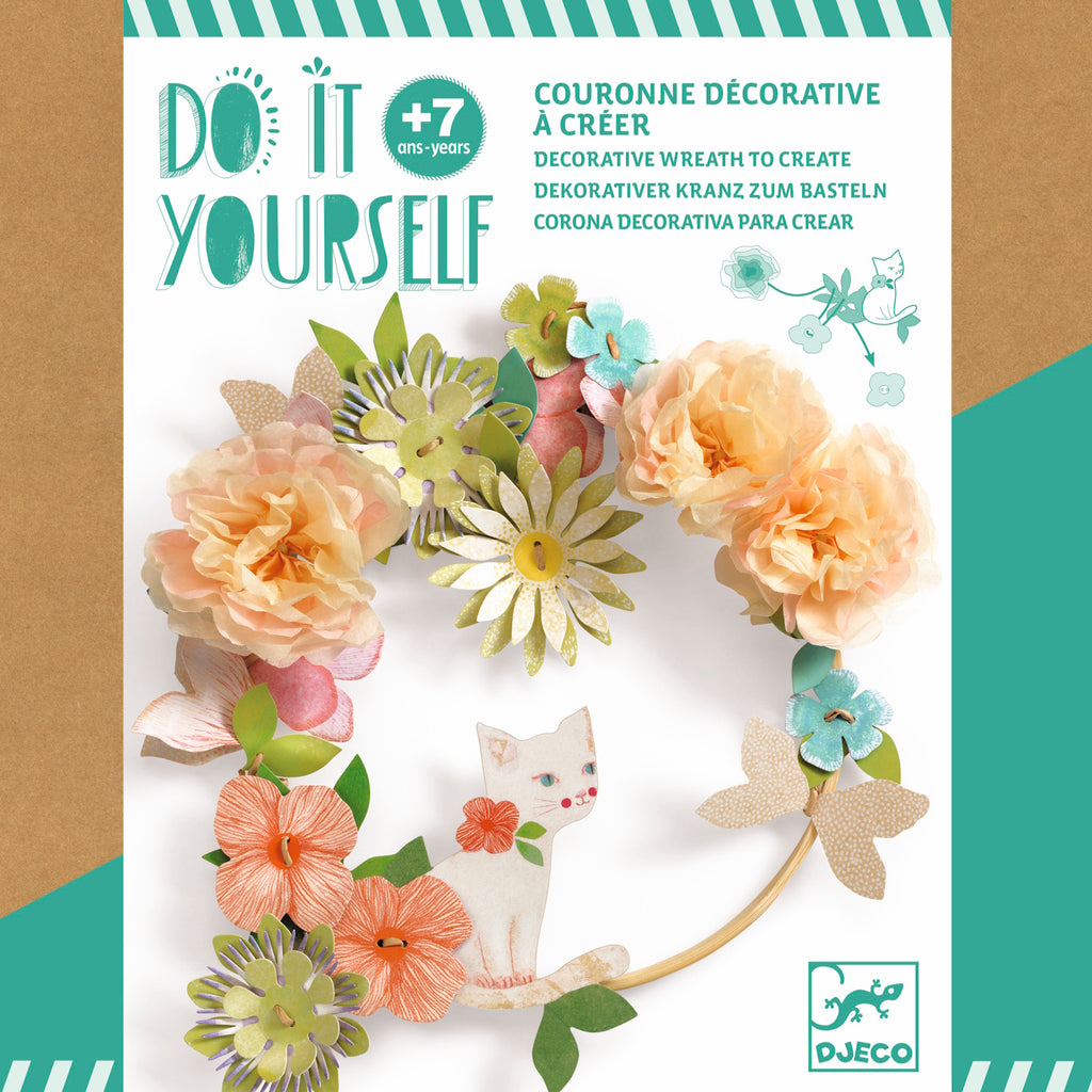 A DIY craft kit with delicate paper flowers and ribbon for children to create a beautiful, wearable floral crown.