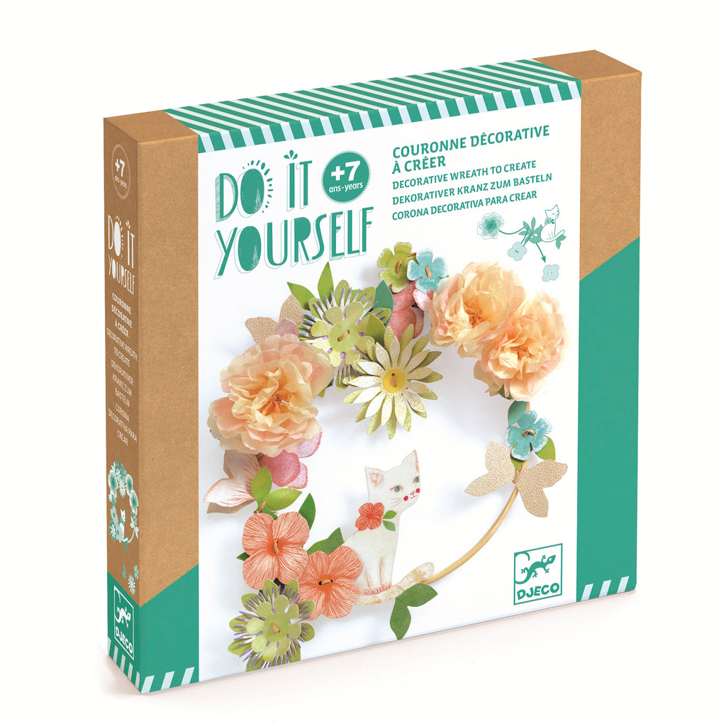 A DIY craft kit with delicate paper flowers and ribbon for children to create a beautiful, wearable floral crown.