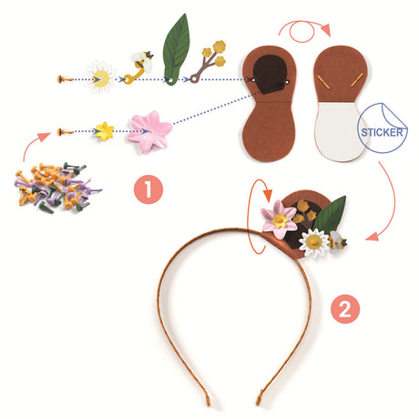 A DIY craft kit with colourful floral pieces for children to create and wear their own cheerful, nature-inspired headbands.