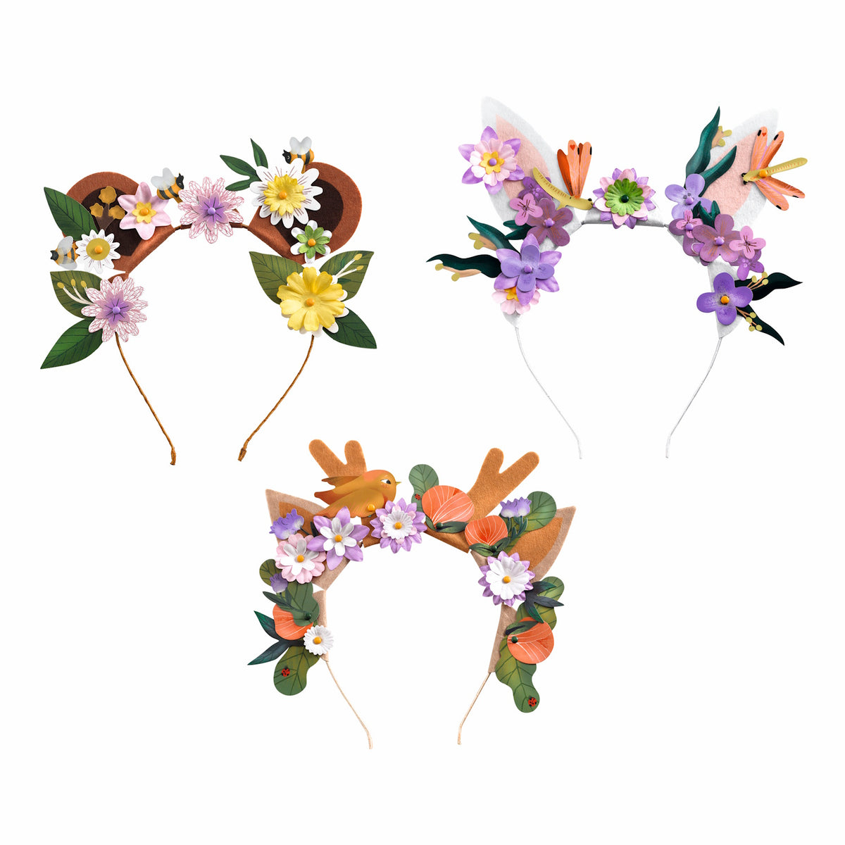 A DIY craft kit with colourful floral pieces for children to create and wear their own cheerful, nature-inspired headbands.