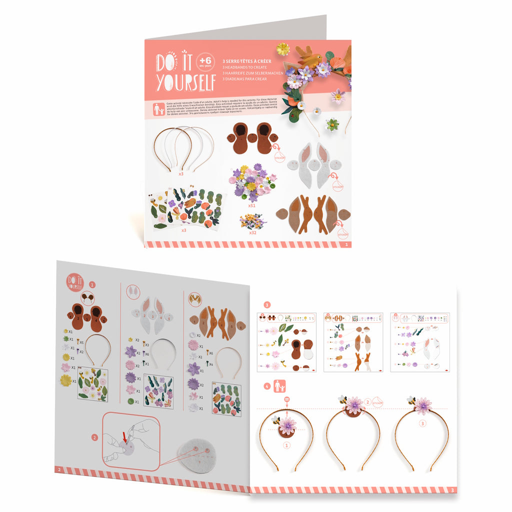 A DIY craft kit with colourful floral pieces for children to create and wear their own cheerful, nature-inspired headbands.
