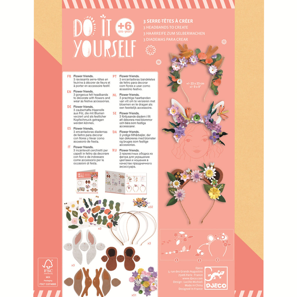 A DIY craft kit with colourful floral pieces for children to create and wear their own cheerful, nature-inspired headbands.
