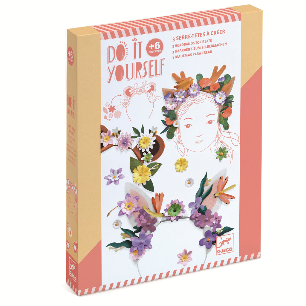 A DIY craft kit with colourful floral pieces for children to create and wear their own cheerful, nature-inspired headbands.