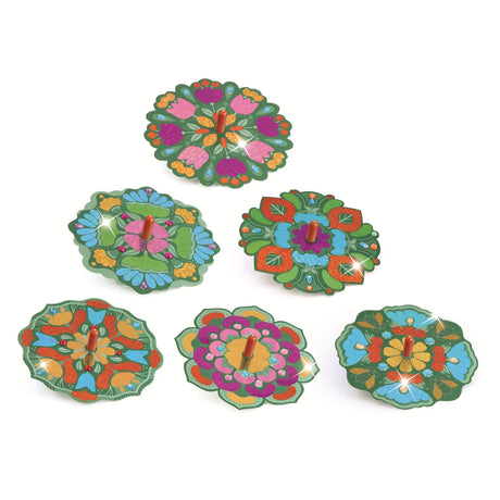 A DIY kit with vibrant, floral designs for kids to create spinning flowers that whirl and twirl with colourful patterns.