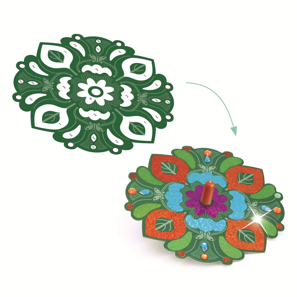 A DIY kit with vibrant, floral designs for kids to create spinning flowers that whirl and twirl with colourful patterns.
