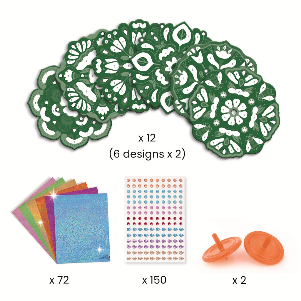 A DIY kit with vibrant, floral designs for kids to create spinning flowers that whirl and twirl with colourful patterns.