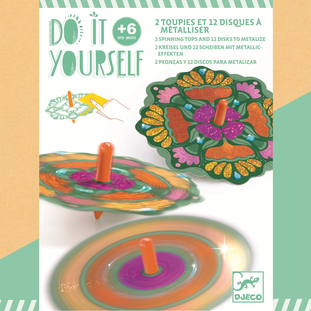 A DIY kit with vibrant, floral designs for kids to create spinning flowers that whirl and twirl with colourful patterns.