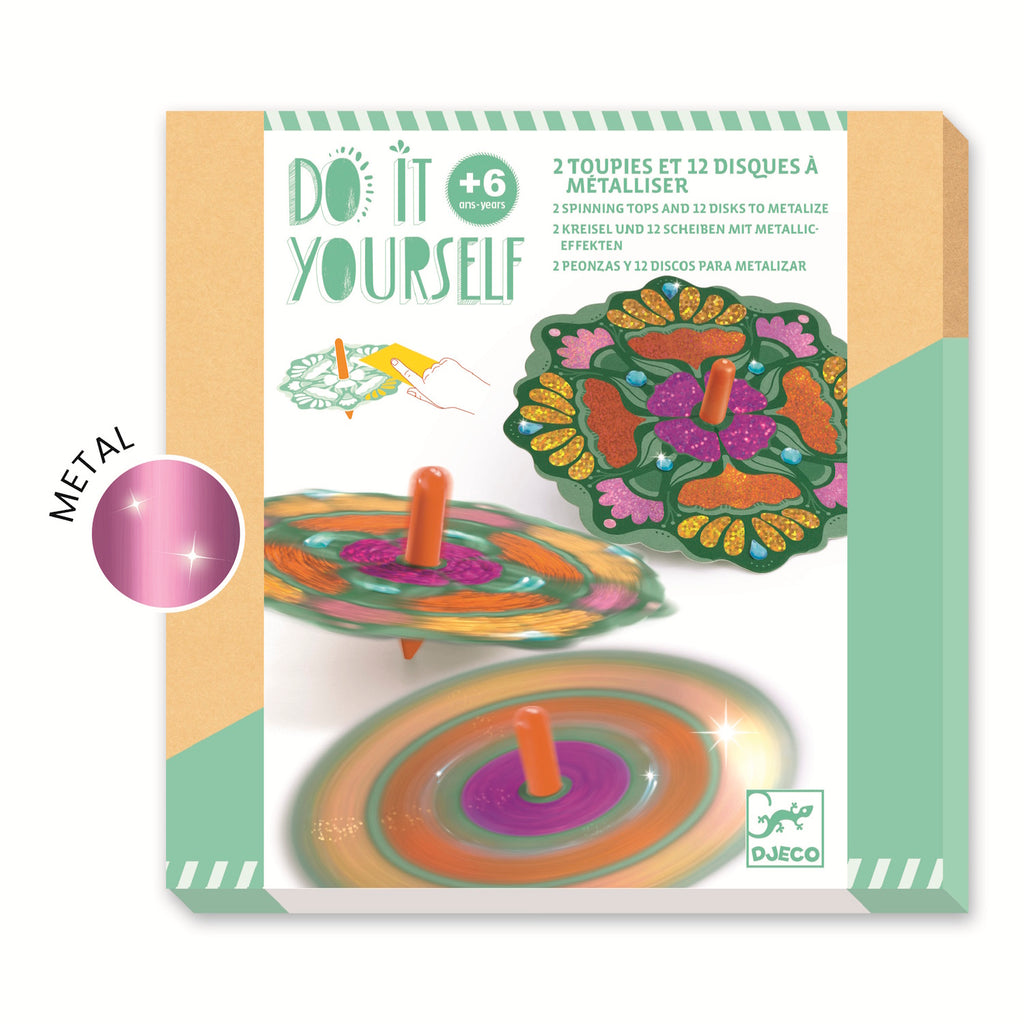 A DIY kit with vibrant, floral designs for kids to create spinning flowers that whirl and twirl with colourful patterns.