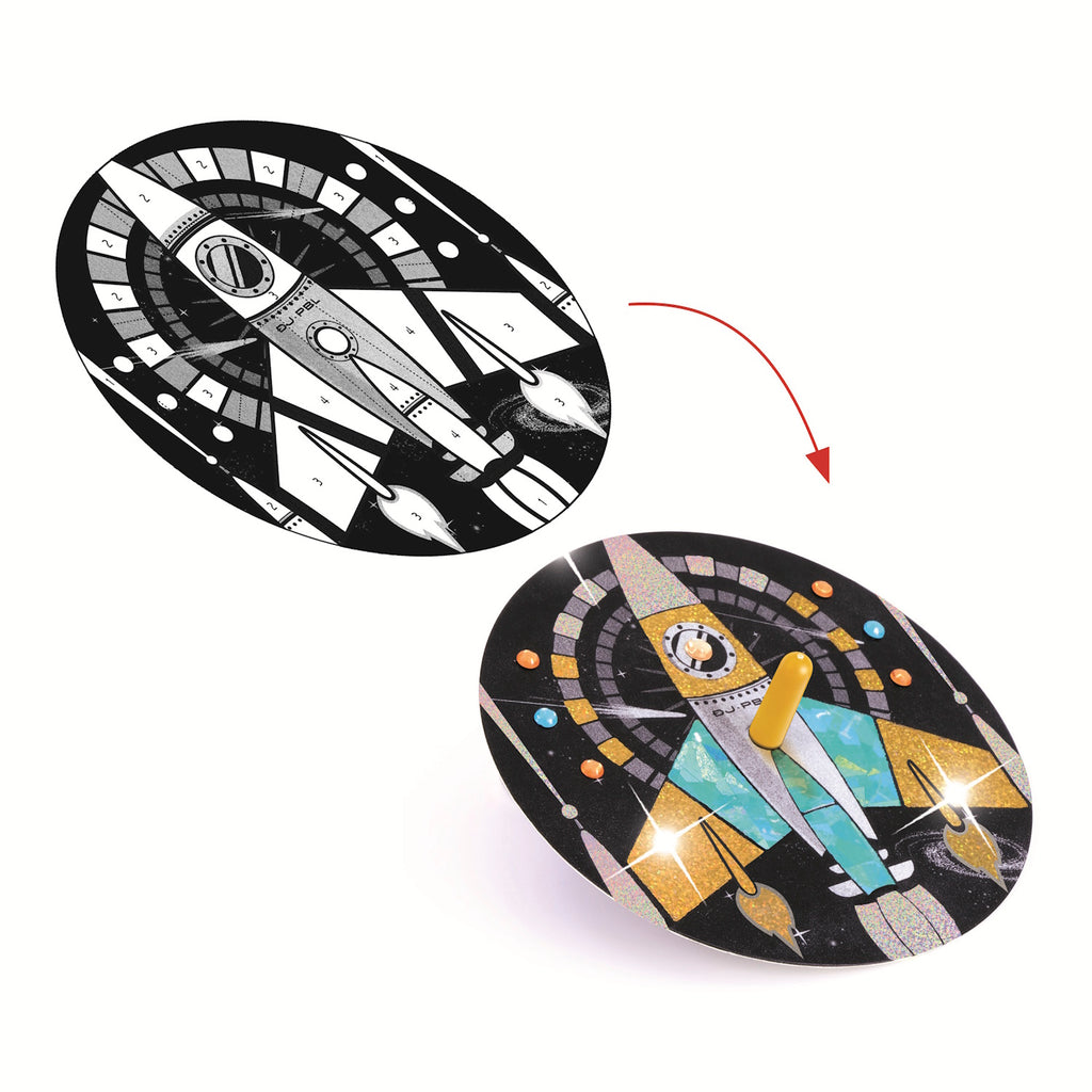 A DIY kit with colourful, cosmic-themed designs for kids to create mesmerizing spinning toys that showcase hypnotic patterns.