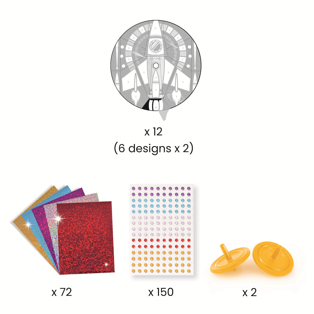 A DIY kit with colourful, cosmic-themed designs for kids to create mesmerizing spinning toys that showcase hypnotic patterns.