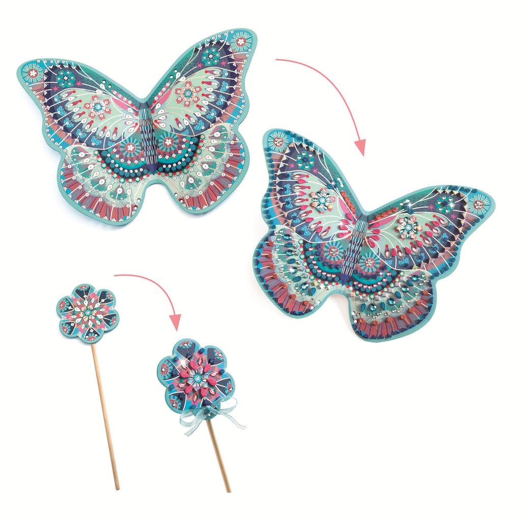 A DIY kit featuring whimsical materials for kids to decorate their own magical fairy wings and sparkling wands.