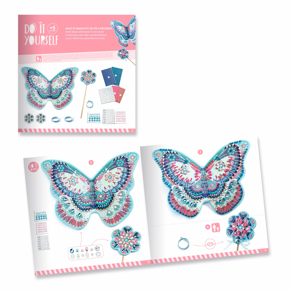 A DIY kit featuring whimsical materials for kids to decorate their own magical fairy wings and sparkling wands.
