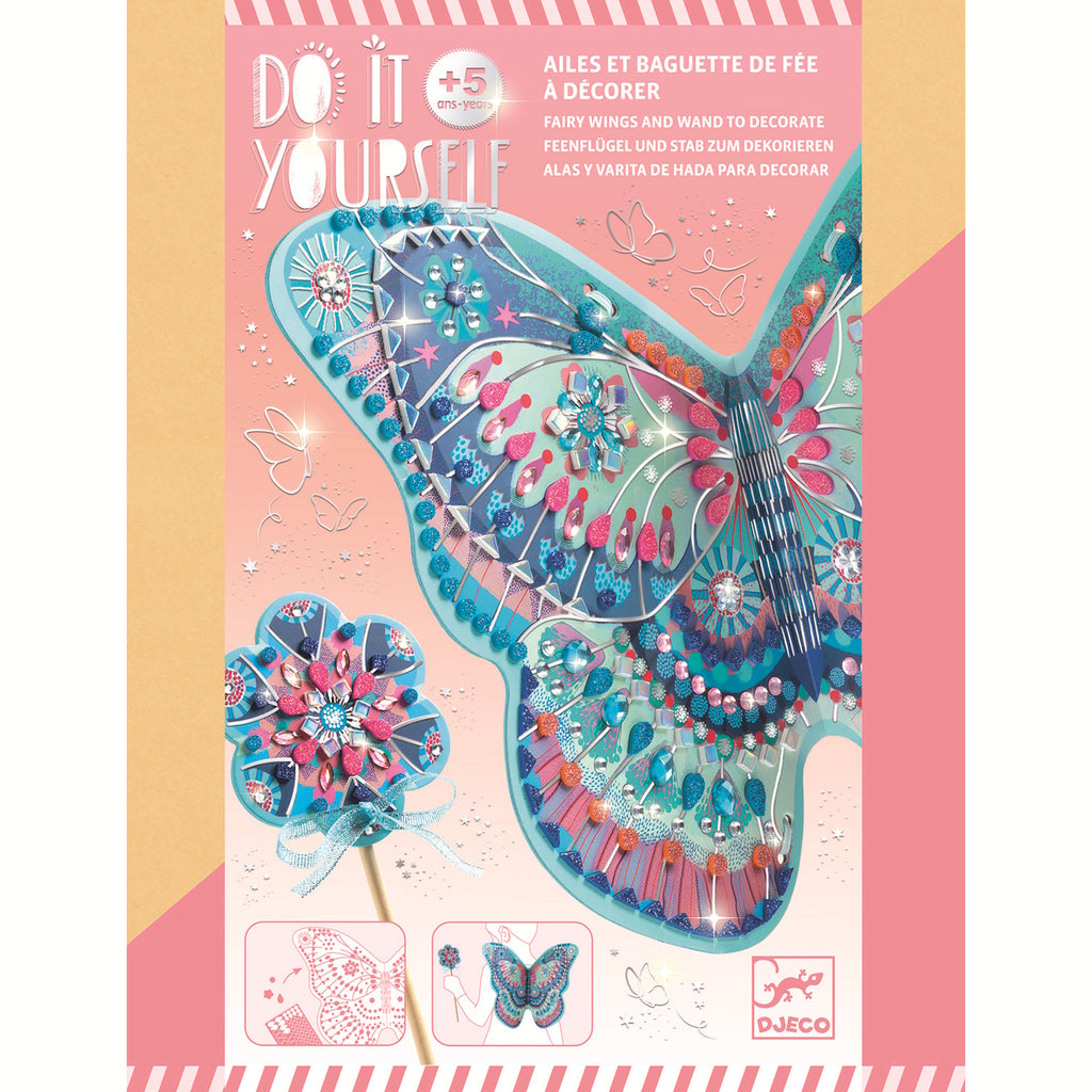 A DIY kit featuring whimsical materials for kids to decorate their own magical fairy wings and sparkling wands.