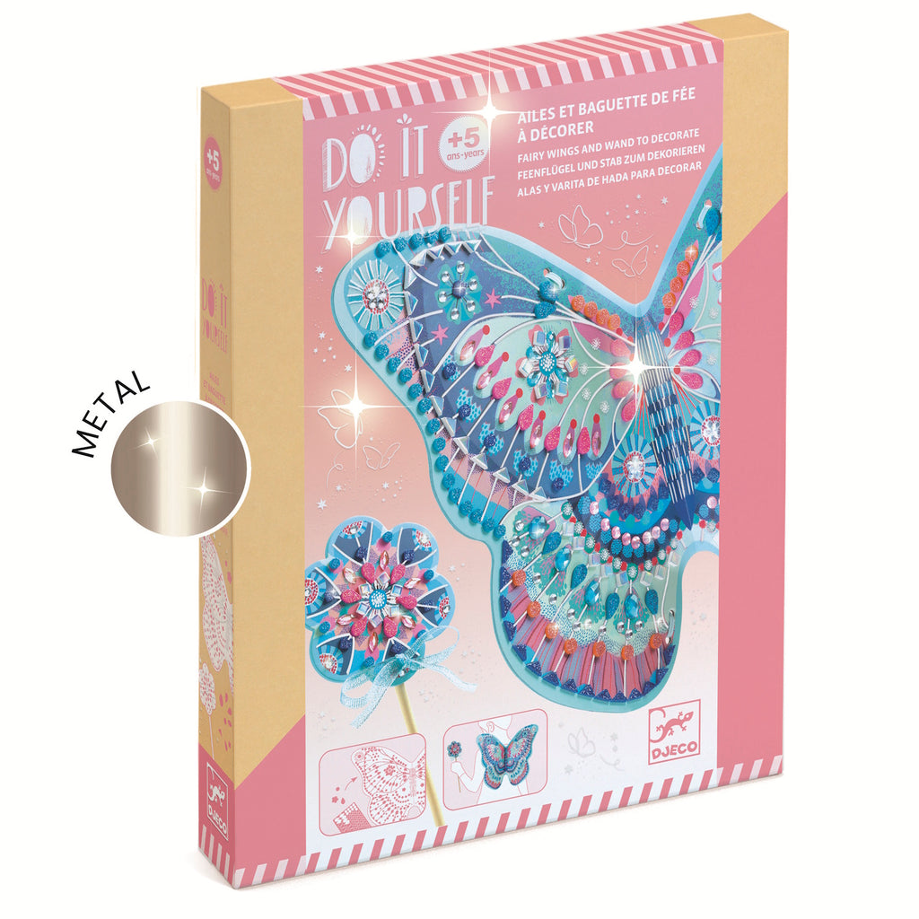 A DIY kit featuring whimsical materials for kids to decorate their own magical fairy wings and sparkling wands.