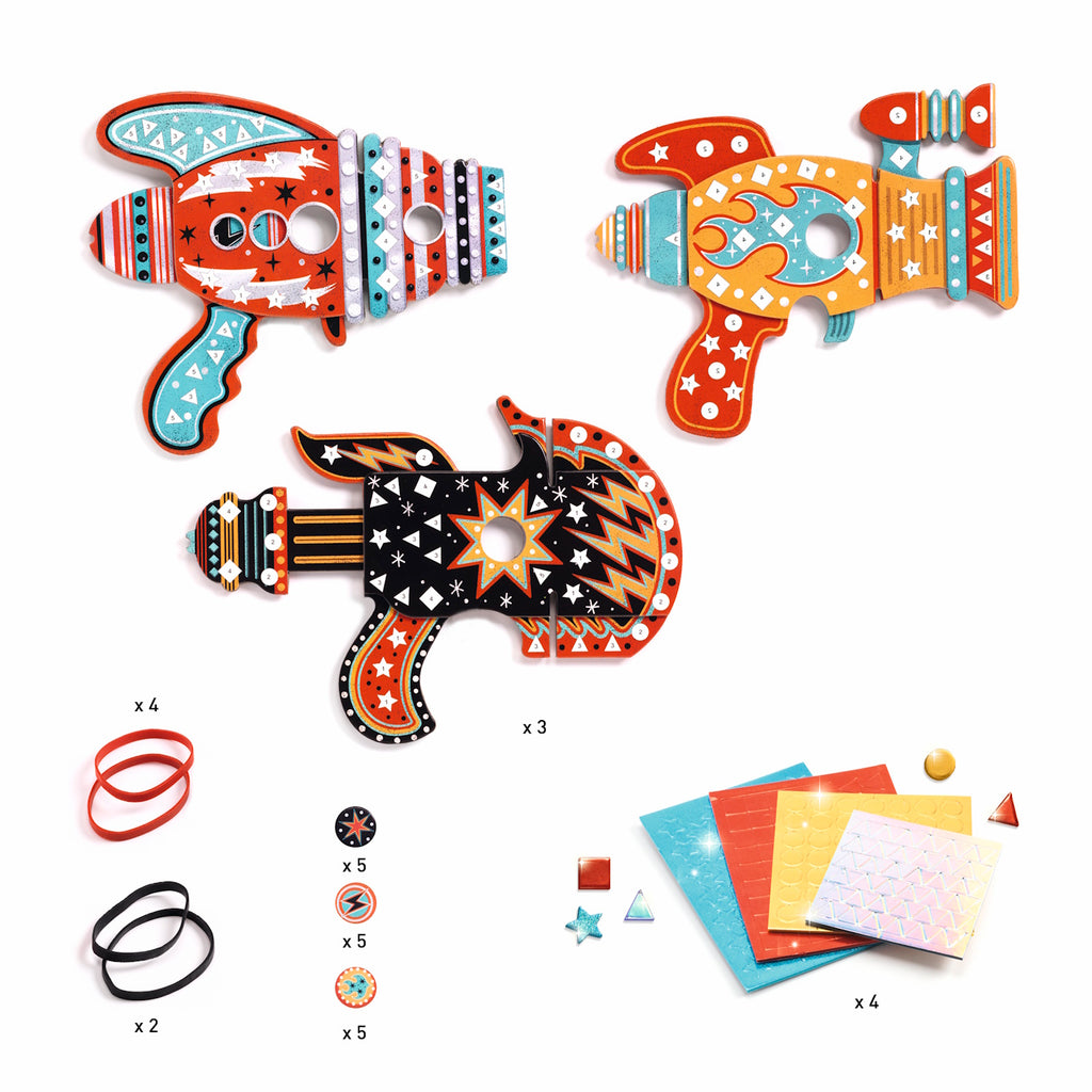 A craft kit with vibrant, geometric stickers for creating colorful, futuristic laser-themed mosaic art.