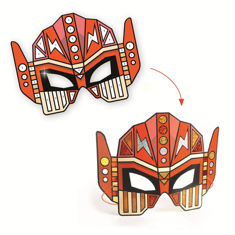 A kit featuring bold, futuristic robot mask templates decorated with shiny mosaic stickers for creative, hands-on fun.