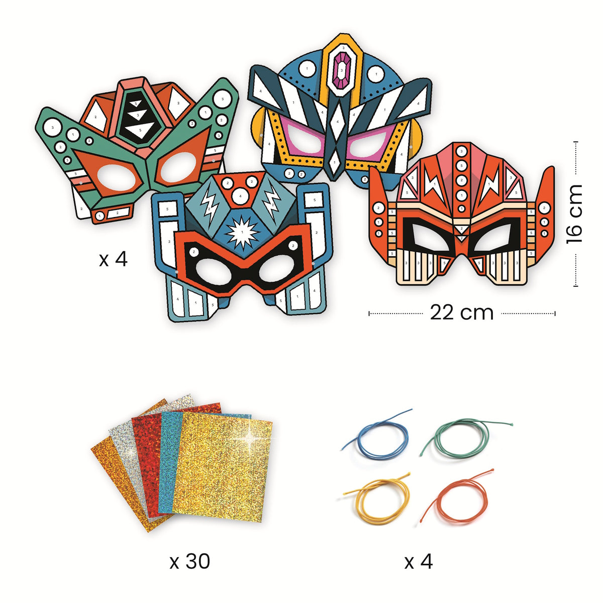 A kit featuring bold, futuristic robot mask templates decorated with shiny mosaic stickers for creative, hands-on fun.