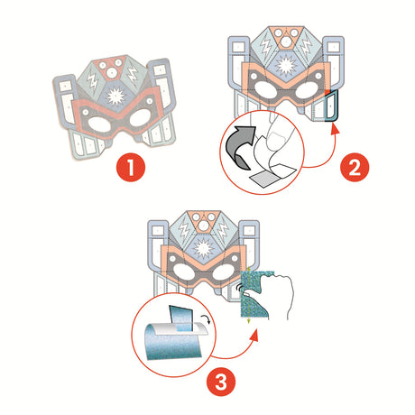A kit featuring bold, futuristic robot mask templates decorated with shiny mosaic stickers for creative, hands-on fun.