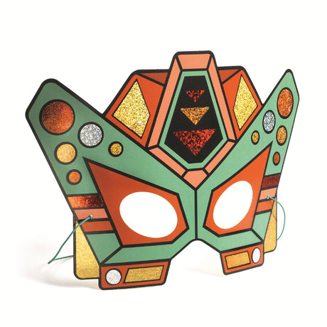 A kit featuring bold, futuristic robot mask templates decorated with shiny mosaic stickers for creative, hands-on fun.
