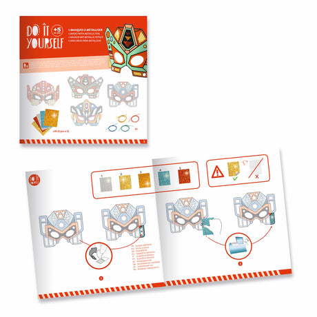A kit featuring bold, futuristic robot mask templates decorated with shiny mosaic stickers for creative, hands-on fun.