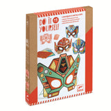 A kit featuring bold, futuristic robot mask templates decorated with shiny mosaic stickers for creative, hands-on fun.