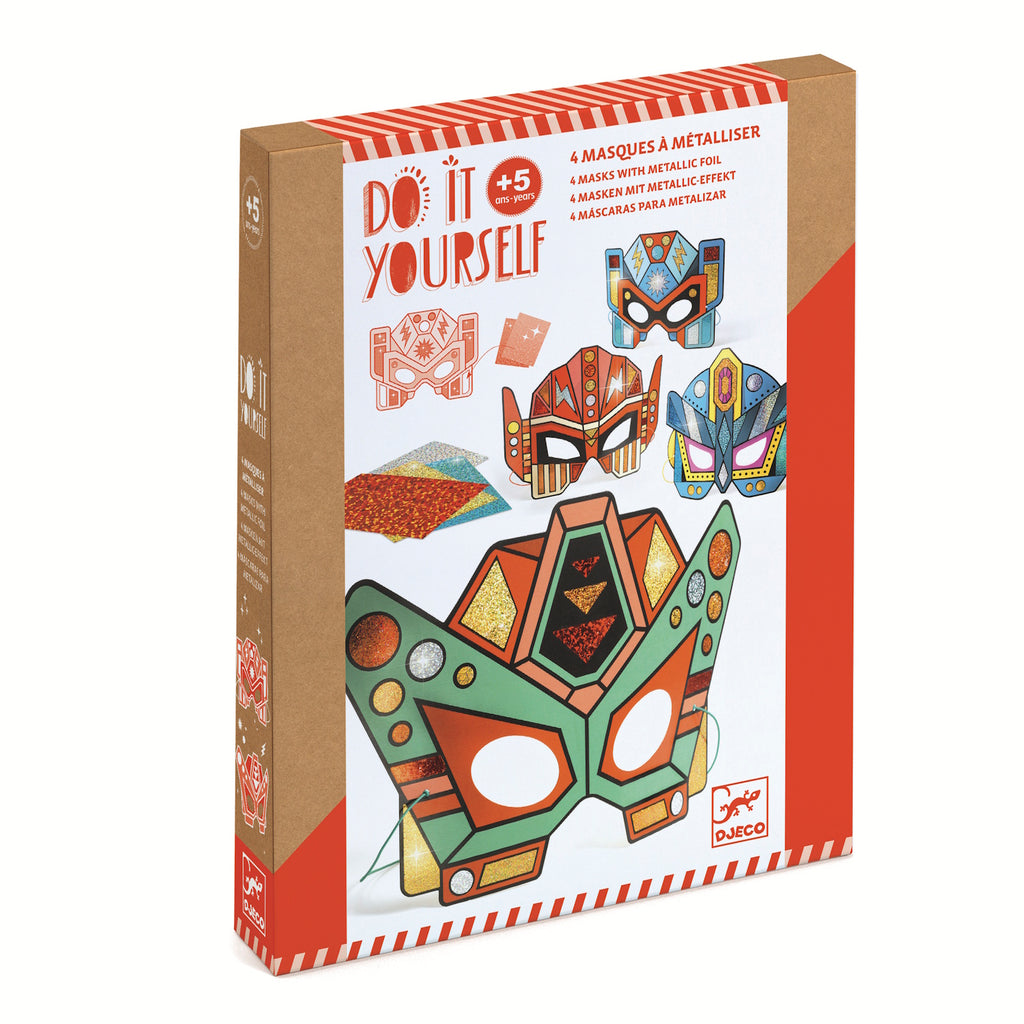A kit featuring bold, futuristic robot mask templates decorated with shiny mosaic stickers for creative, hands-on fun.