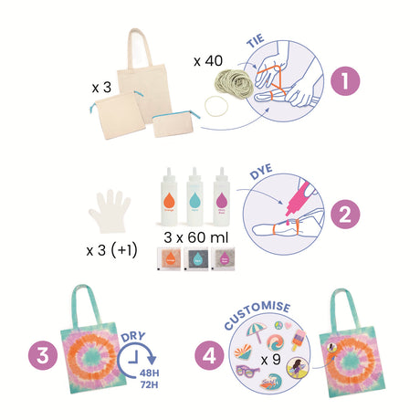 A DIY kit with a cotton tote bag and colourful dyes for kids to create their own vibrant, tie-dye accessory.