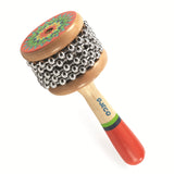 Djeco Animambo Cabasa: wooden percussion instrument for kids with metal beads and colorful pattern.