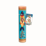 Djeco Animambo wooden rainmaker toy for kids with colorful fish illustration and teal background.