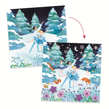 This engaging set allows young artists to decorate four illustrated cards featuring scenes from The Nutcracker, using over 600 self-adhesive rhinestones in various shapes and colors to create a shimmering 3D effect.​