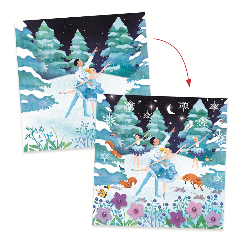 This engaging set allows young artists to decorate four illustrated cards featuring scenes from The Nutcracker, using over 600 self-adhesive rhinestones in various shapes and colors to create a shimmering 3D effect.​