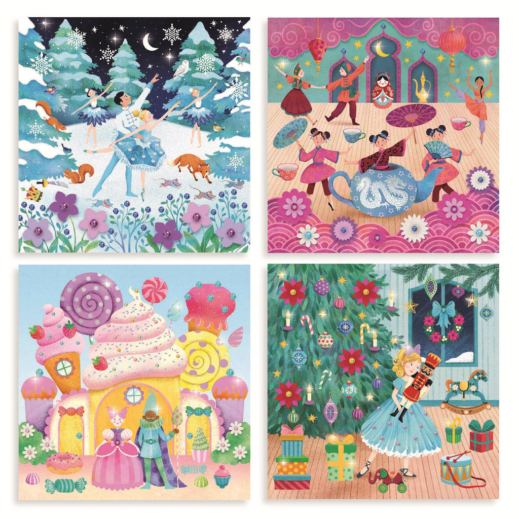 This engaging set allows young artists to decorate four illustrated cards featuring scenes from The Nutcracker, using over 600 self-adhesive rhinestones in various shapes and colors to create a shimmering 3D effect.​