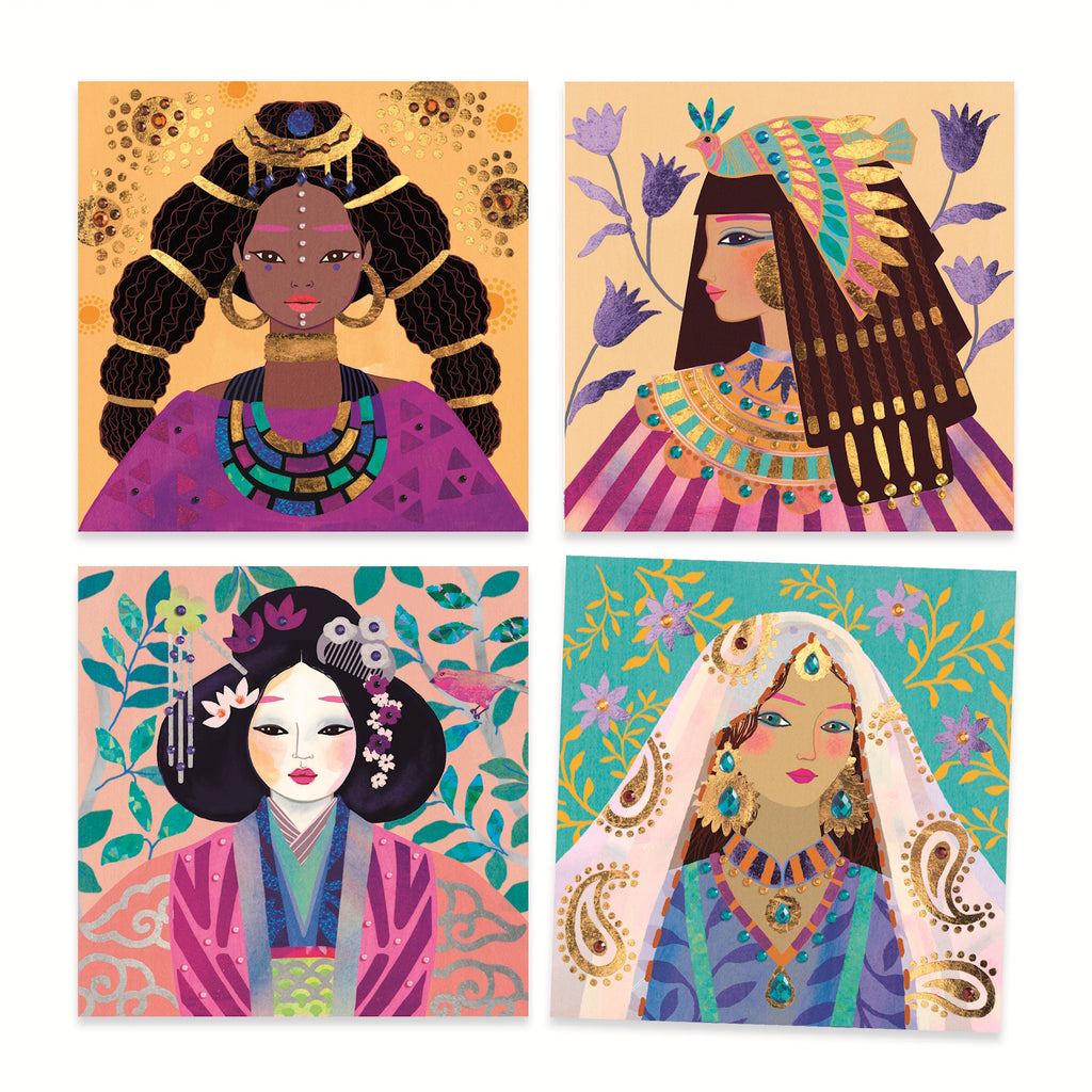 Four colorful illustrated portraits of women in traditional attire, featuring intricate patterns and vibrant accessories.
