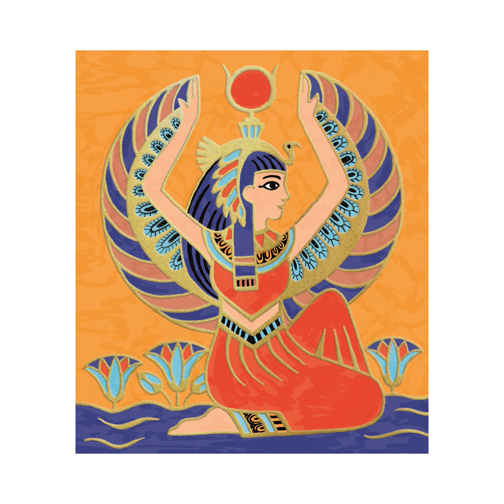 A stylized woman in red and blue attire, kneeling with outstretched arms, adorned with peacock feathers and flowers against an orange background.
