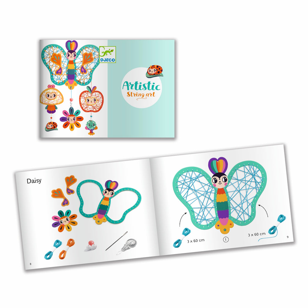 Colorful hanging mobile featuring a butterfly and cheerful characters like a mushroom, flower, ladybug, and apple, all with cute faces.