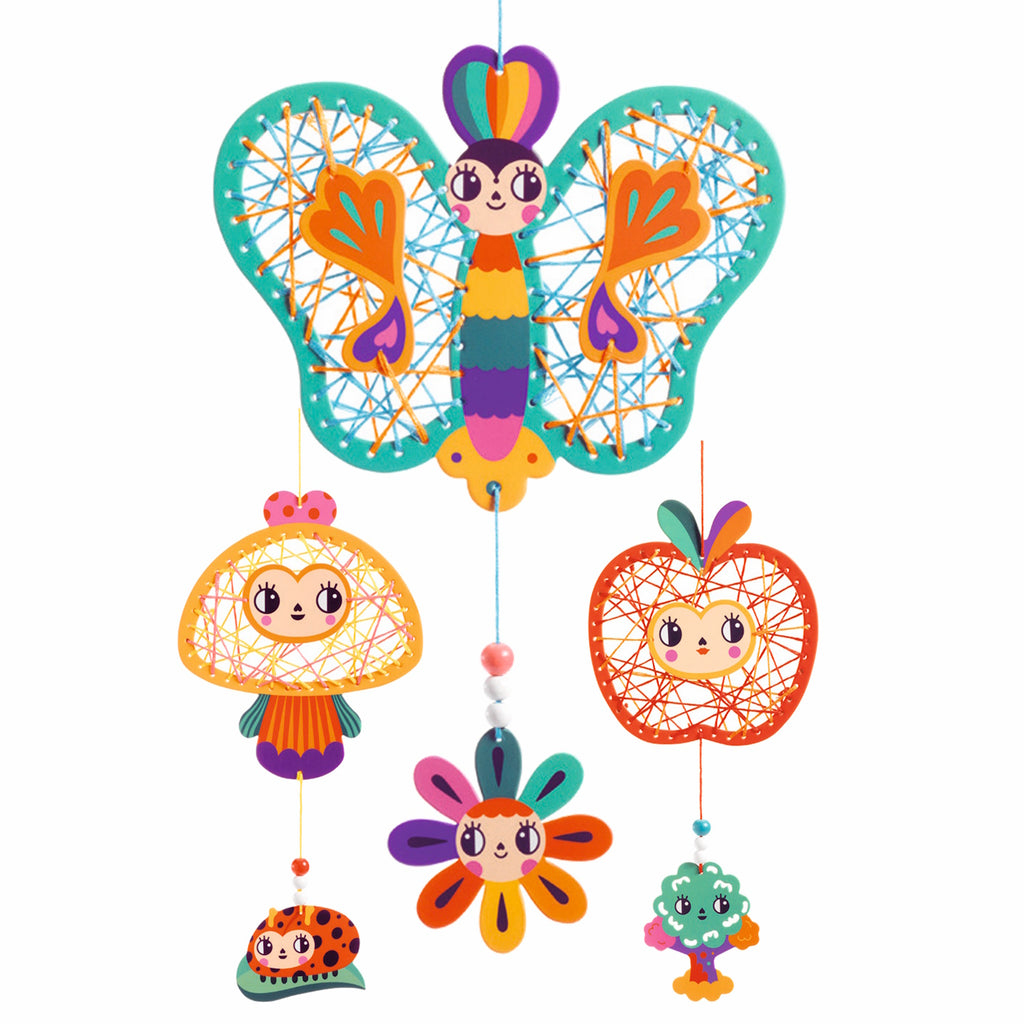Colorful hanging mobile featuring a butterfly and cheerful characters like a mushroom, flower, ladybug, and apple, all with cute faces.