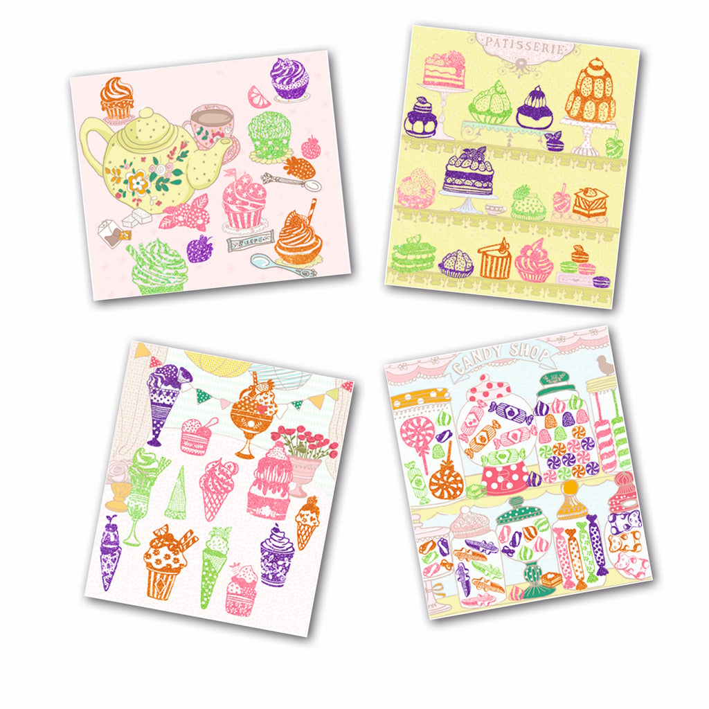 A colorful illustration set featuring desserts, ice cream, and sweets, including a teapot, cakes, and candy shop displays.