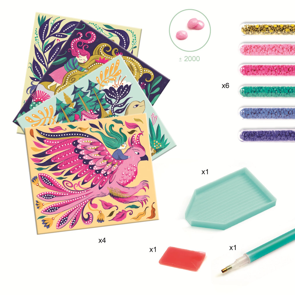 This engaging set allows young artists to embellish four illustrated cards featuring fantastical creatures by applying over 2,000 sparkling, multi-faceted mini rhinestones, creating a dazzling 3D effect.