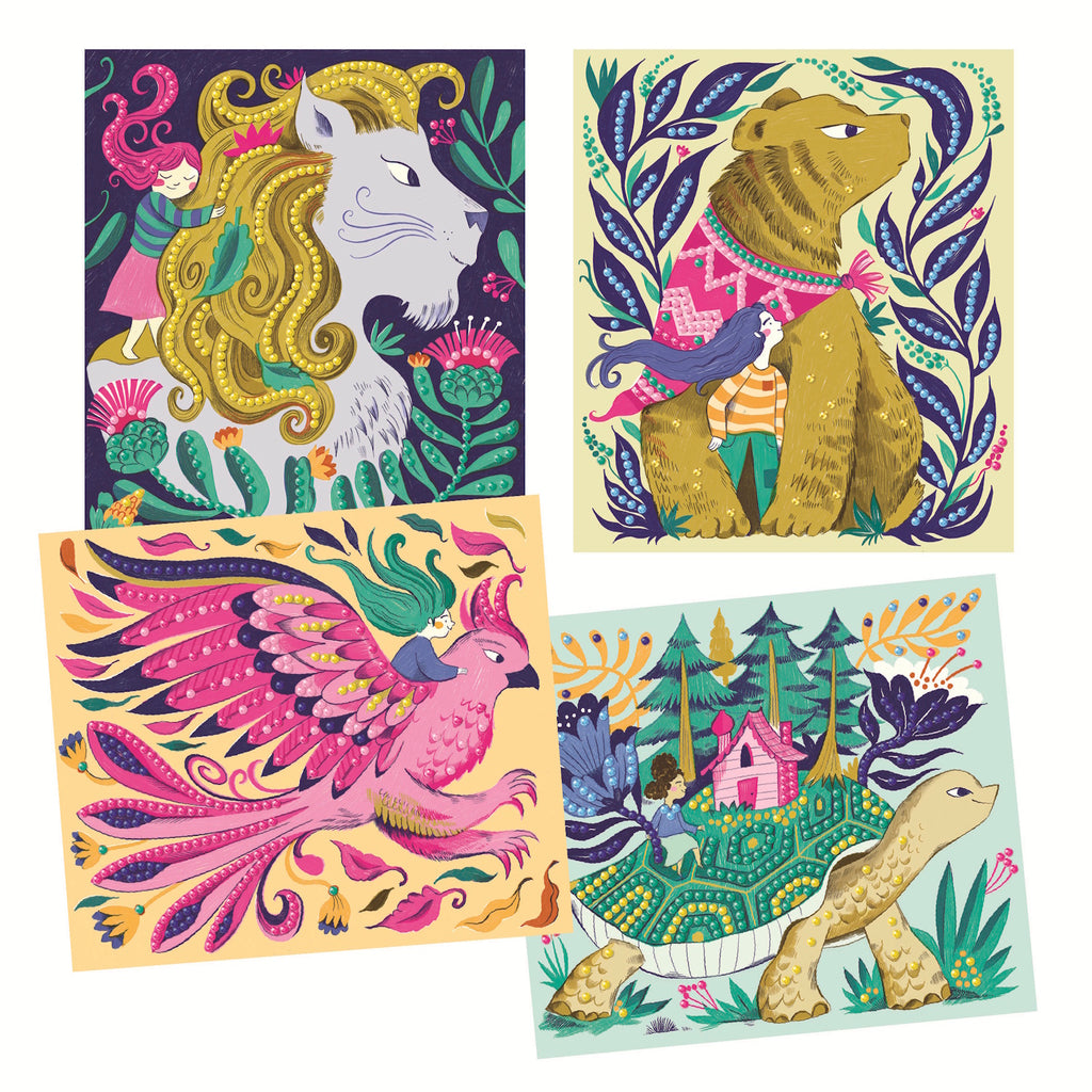 This engaging set allows young artists to embellish four illustrated cards featuring fantastical creatures by applying over 2,000 sparkling, multi-faceted mini rhinestones, creating a dazzling 3D effect.