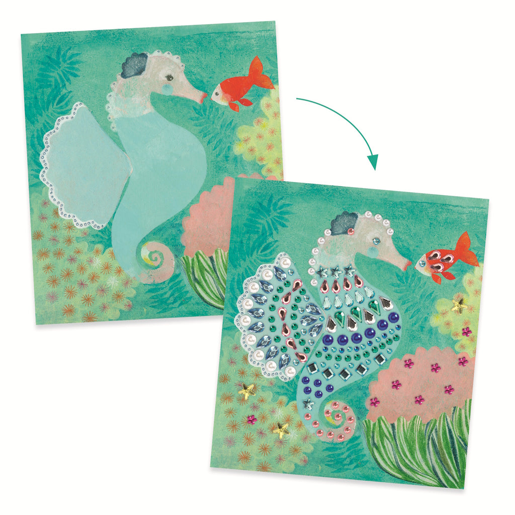 Cover art for "Artistic Strass" by Djeco, featuring colorful adhesive faux gems and whimsical underwater-themed illustrations.