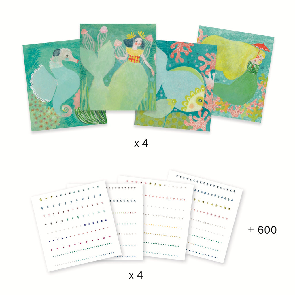 Cover art for "Artistic Strass" by Djeco, featuring colorful adhesive faux gems and whimsical underwater-themed illustrations.