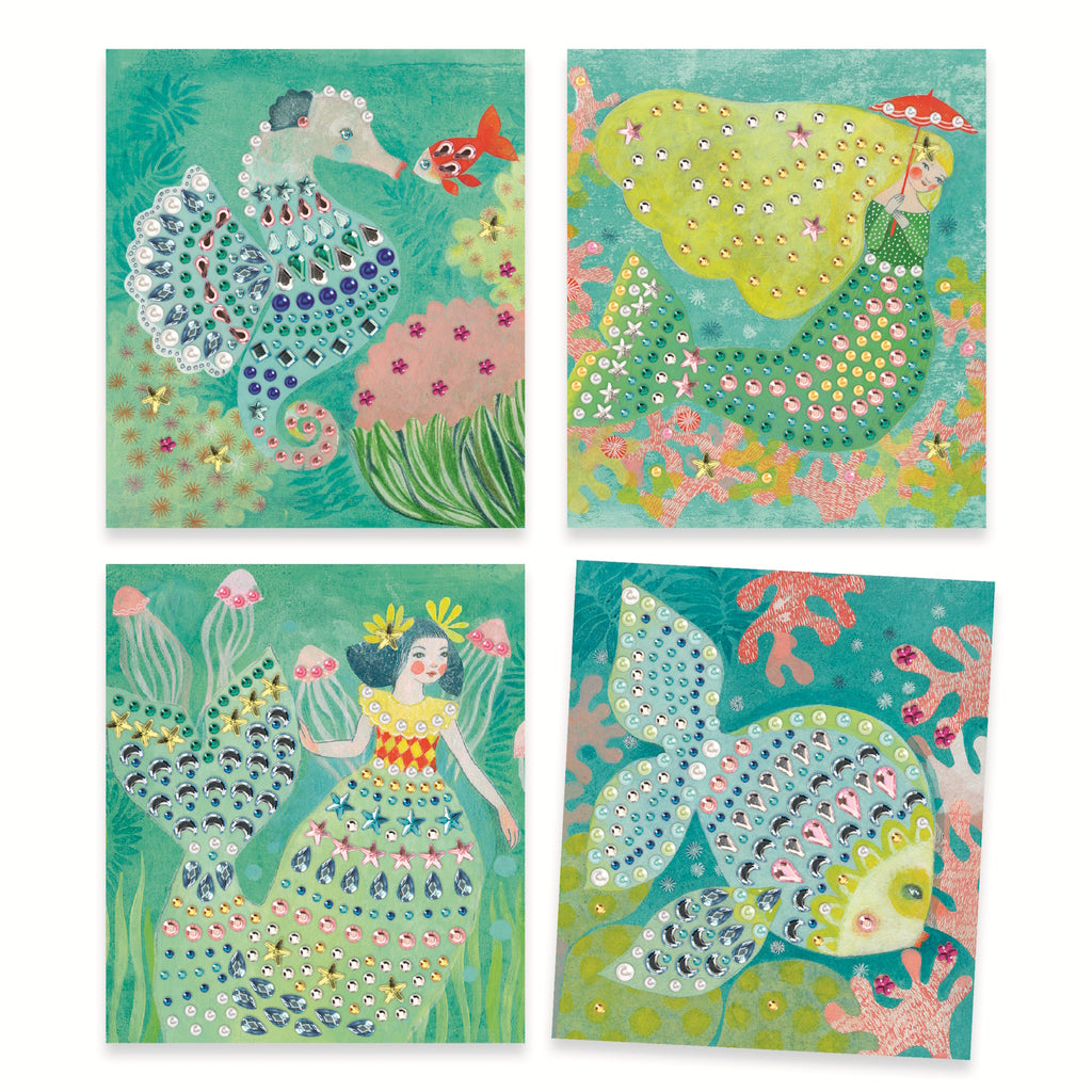 Cover art for "Artistic Strass" by Djeco, featuring colorful adhesive faux gems and whimsical underwater-themed illustrations.