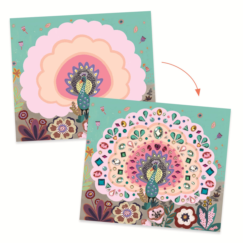 Colorful art kit packaging featuring a peacock, decorative gems, and flowers, designed for ages 6-10 by Djeco.