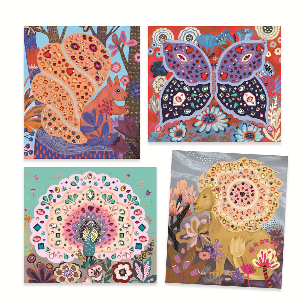 Colorful art kit packaging featuring a peacock, decorative gems, and flowers, designed for ages 6-10 by Djeco.
